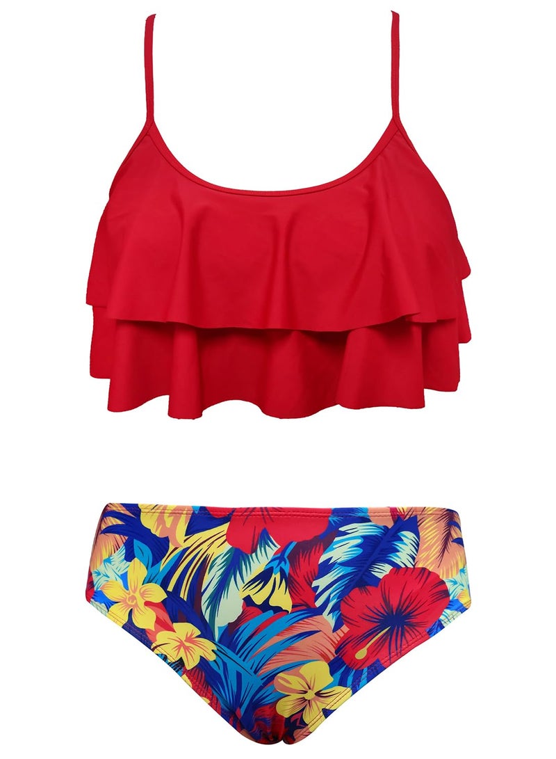 SHEKINI Girls Floral Printing Bathing Suits Ruffle Flounce Two Piece Swimsuits (Rose Red - B, 10-12 Years) - Image 1